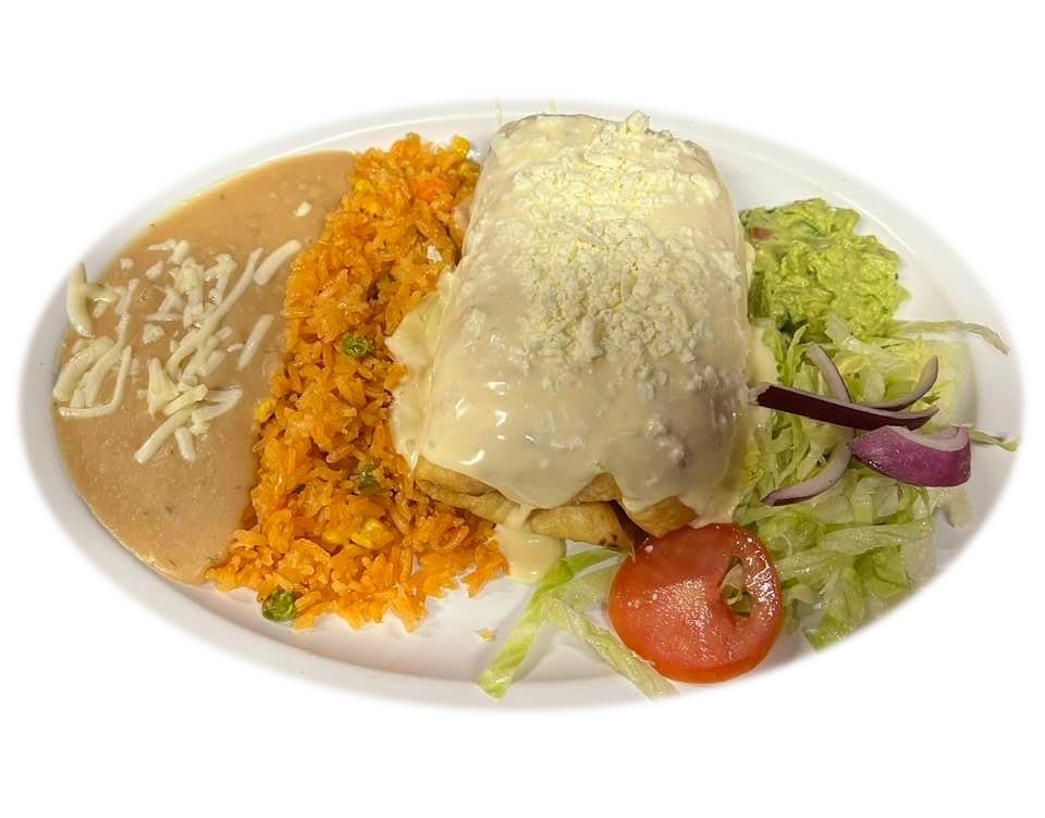 chimichanga covered with cheese sauce with rice and beans on side