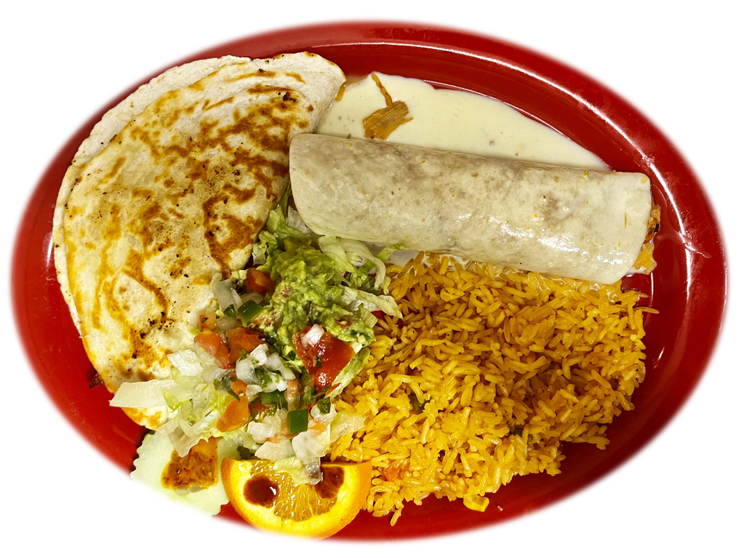 seafood burrito and a quesadilla with rice and salad