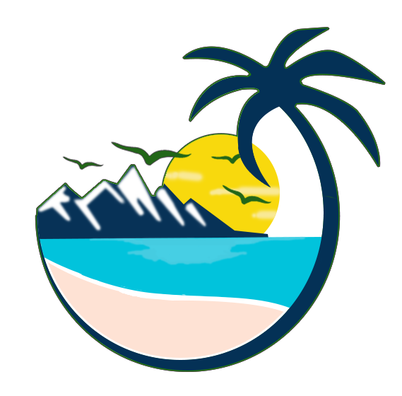 Pa'l Mar Mexican Restaurant logo showing a palm tree by the beach during sunset with mountains and birds